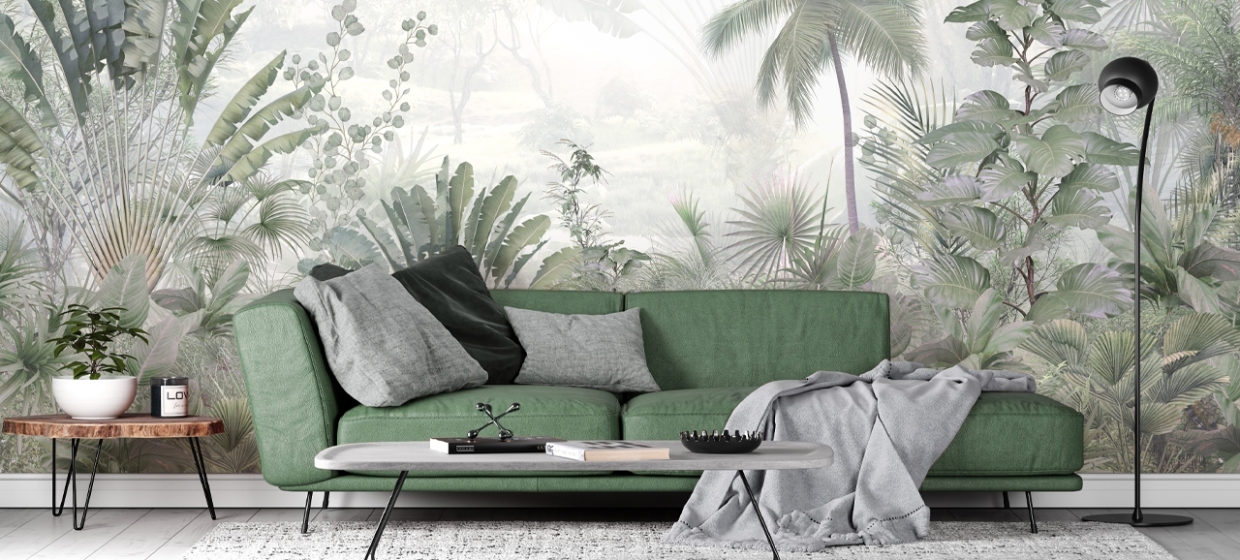vintage jungle mural in living room