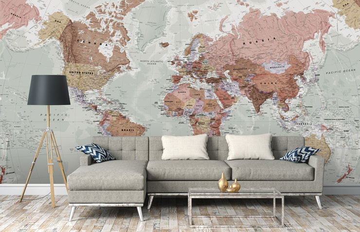terracotta, pink and grey world map in stylish lounge