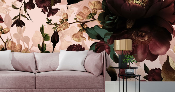 blush pink background with illustrated maroon flowers in pink lounge