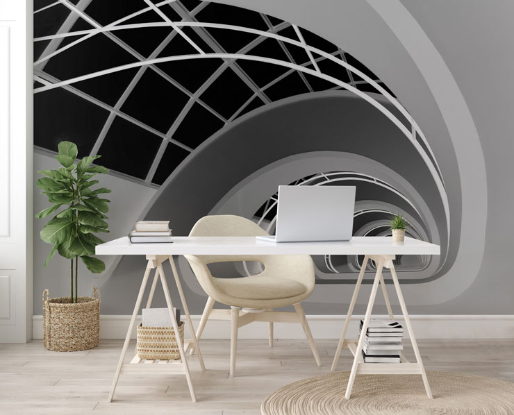 black and white twirl wallpaper in white modern office