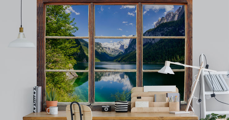 lake window view in trendy office 