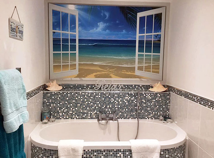 calming beach window view wallpaper in beach themed bathroom