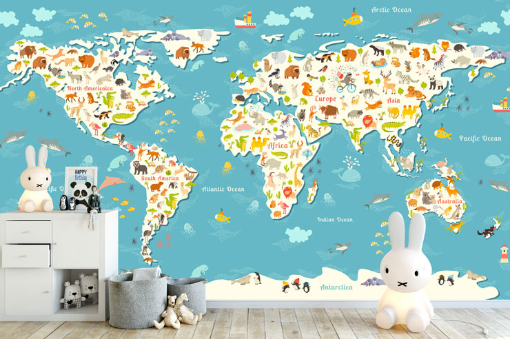 colourful world map with animals in trendy nursery