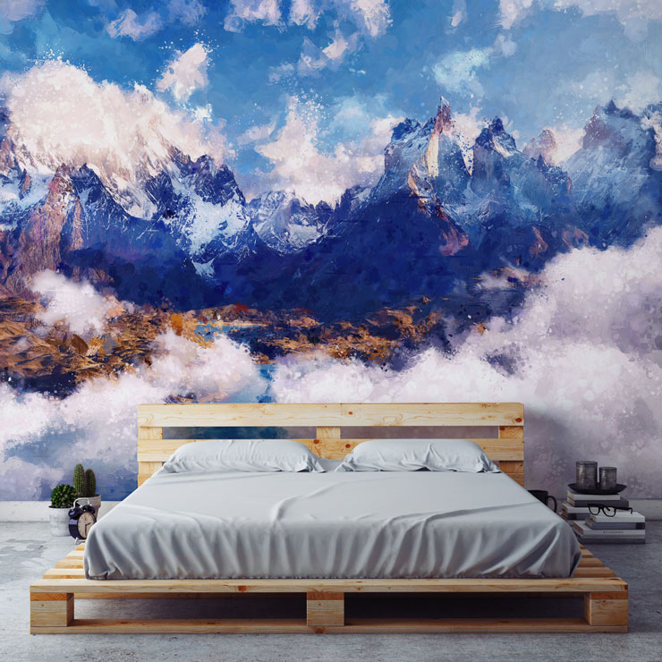 painted white and blue clouded mountain wall mural in minimalist style bedroom
