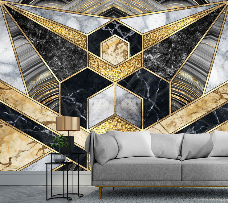 black, grey and gold art deco wallpaper in sleek living room