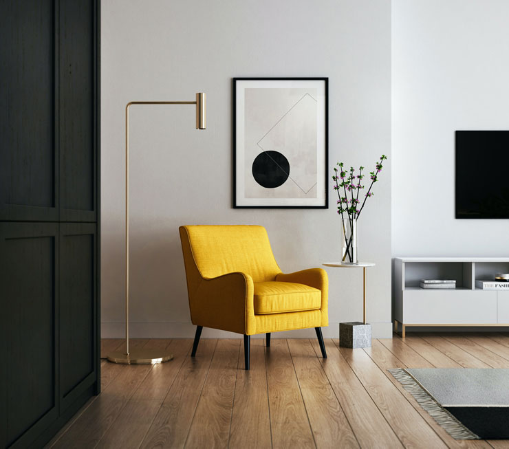mustard chair and black decor room