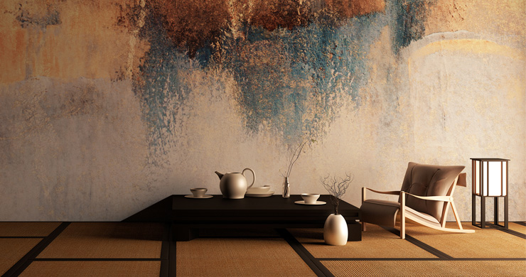 japanese low table and chair with tatami mats and raw art wallpaper