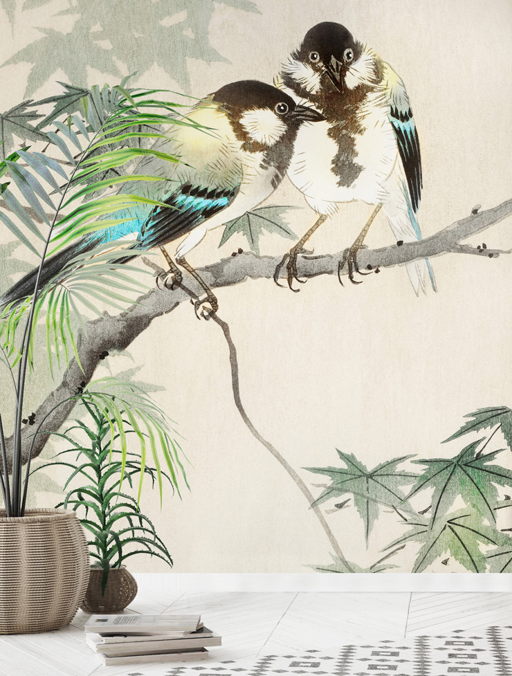 illustrated great tits wallpaper in a white, boho lounge