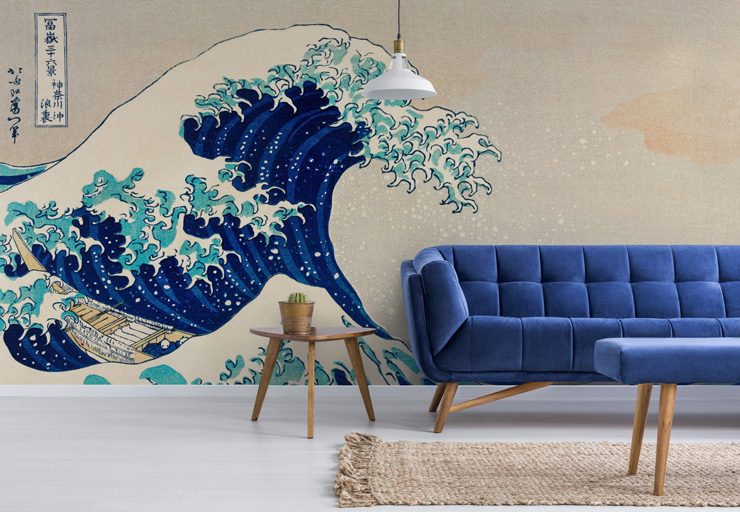 japanese wave art wallpaper in navy lounge