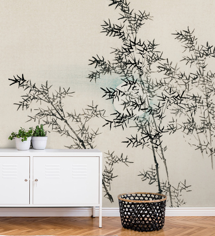 black and white bamboo wallpaper with white cabinet and black basket