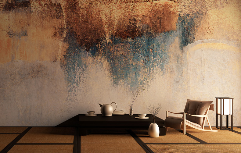 raw brown, blue and cream abstract art with low table and legless chair in room with tatami mats