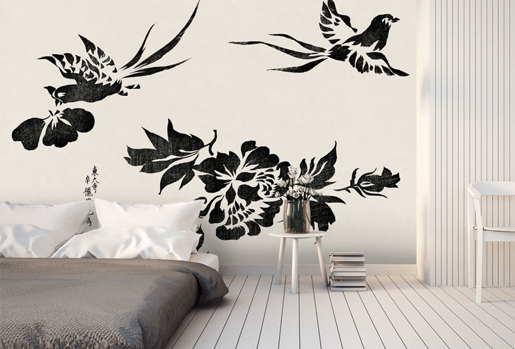 oriental black and white bird mural in white and grey bedroom with futon