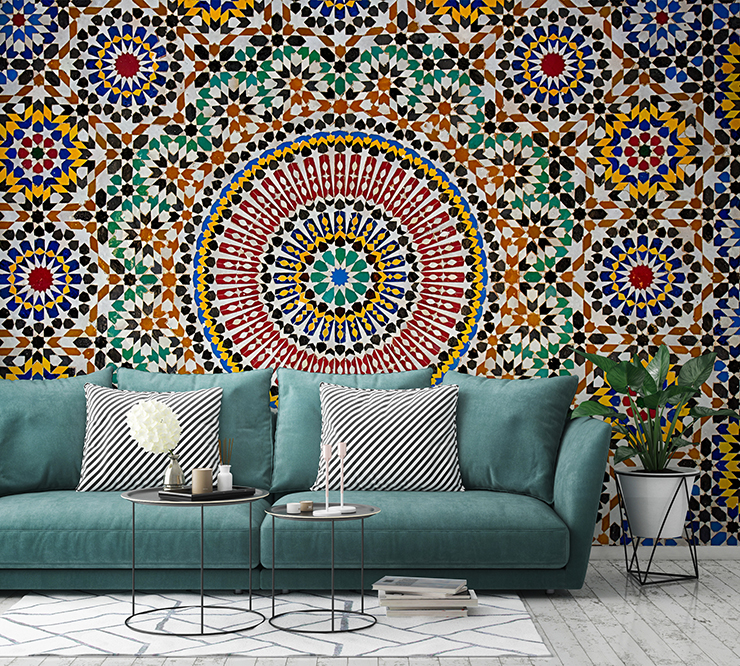 colourful circle moroccan tile wallpaper with greeny blue sofa in lounge