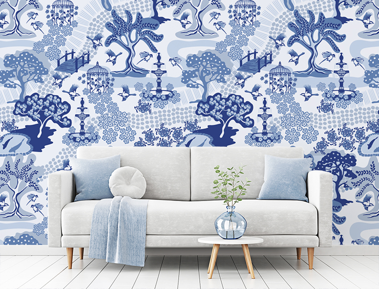 blue and white willow tree oriental pattern in blue and grey modern lounge