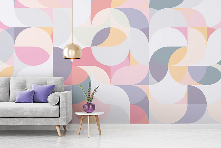 circular patterns in pastel shades wallpaper in purple and grey lounge