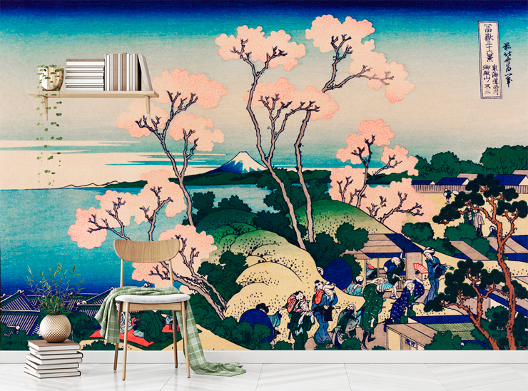 japanese painting of people on mountain top with blossom tree and ocean wallpaper in room with a single wooden chair