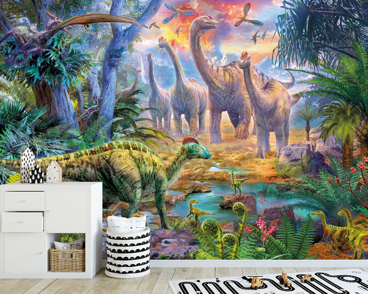 dinosaur illustration in child's bedroom with black and white storage and playmat