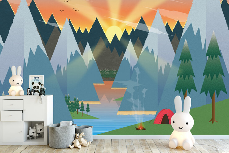 colour and abstract mountain and lake view with red tent wallpaper in child's bedroom with bunny lamp on floor