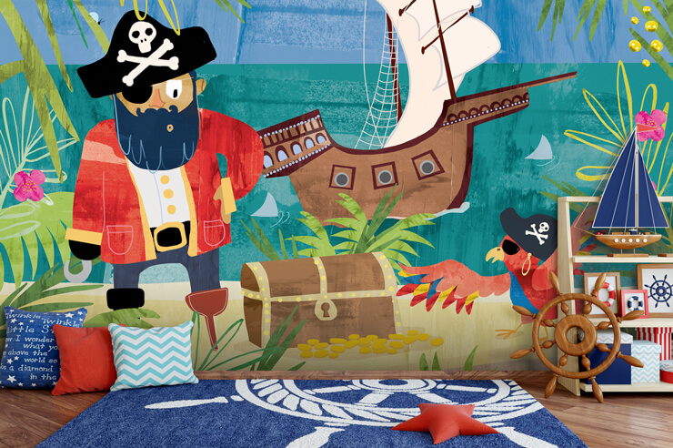colorful illustration of pirate and parrot on an island wallpaper in sailor themed child's bedroom 