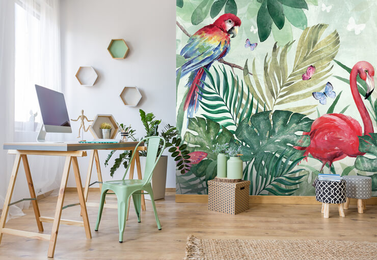 digital art of colorful pink flamingo and parrot in jungle wallpaper in trendy home office with sleek modern furniture