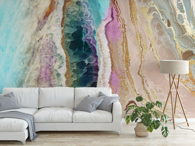 purple, grey, blue, gold color and white geode effect wallpaper in lounge with white sofa and grey cushions