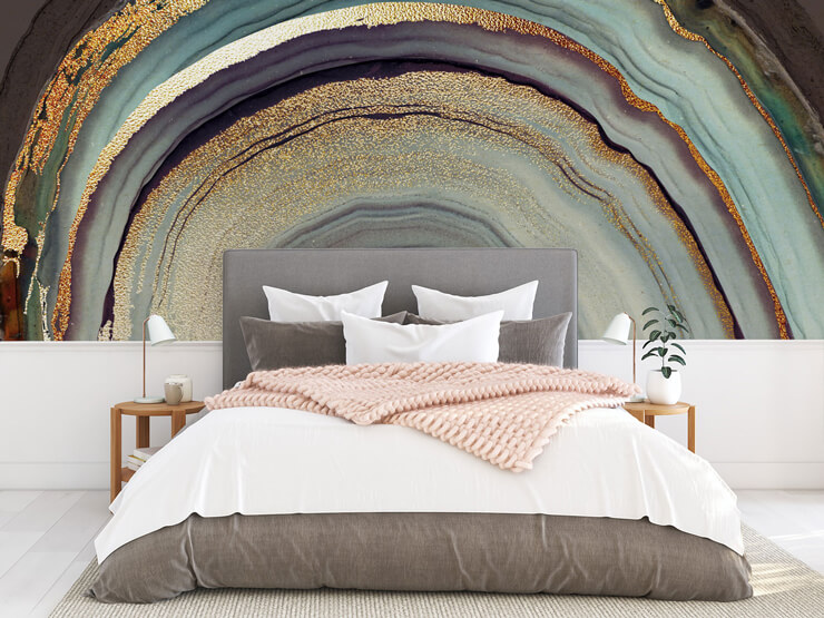grey, gold color, purple semi circle geode wallpaper in bedroom with pink, white and grey bed