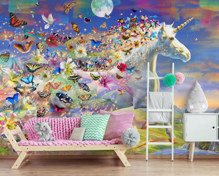 multicolored digital art of unicorn with butterflies and glitter coming from its mane wallpaper in bedroom with pink sofa