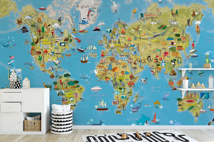 colorful world map with illustrations wallpaper in black and white home classroom