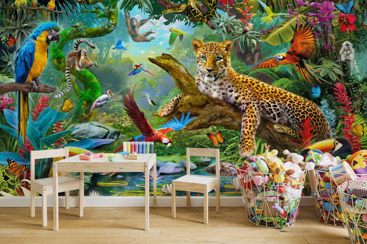colourful leopard and parrot and animal tropical jungle wallpaper in trendy bedroom