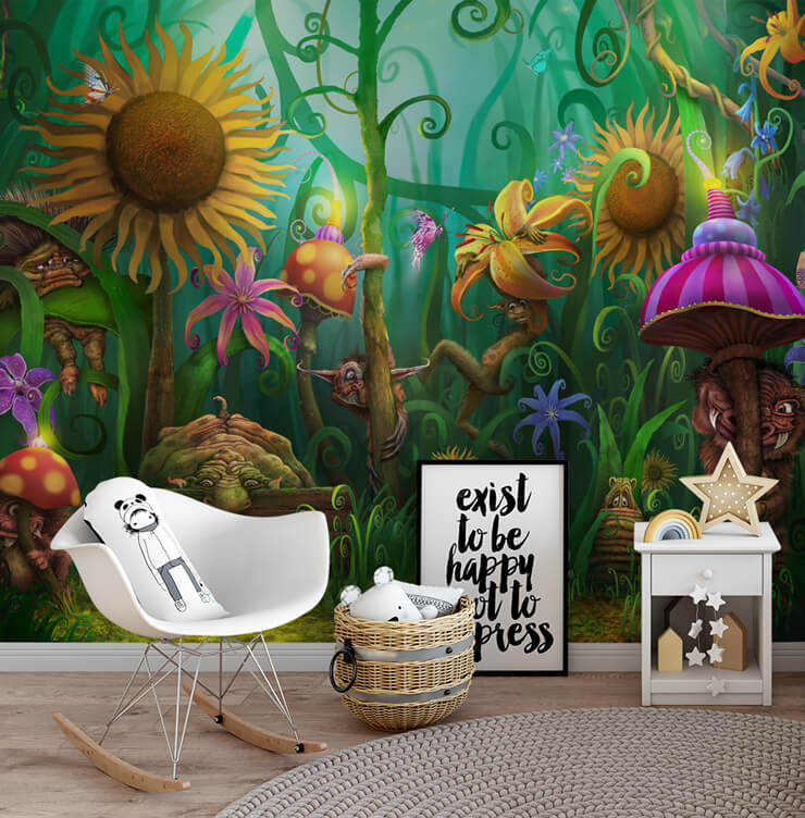 colourful fantasy trolls in magic forest wallpaper in child's play room