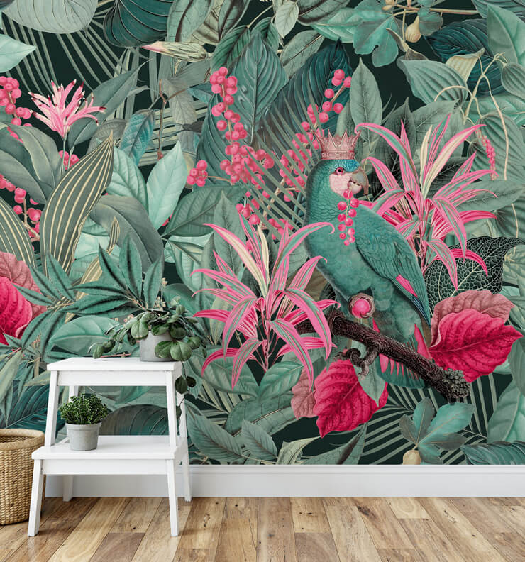 dark green and pink jungle illustration with parrot wearing crown wall mural in room with white ladder shelf