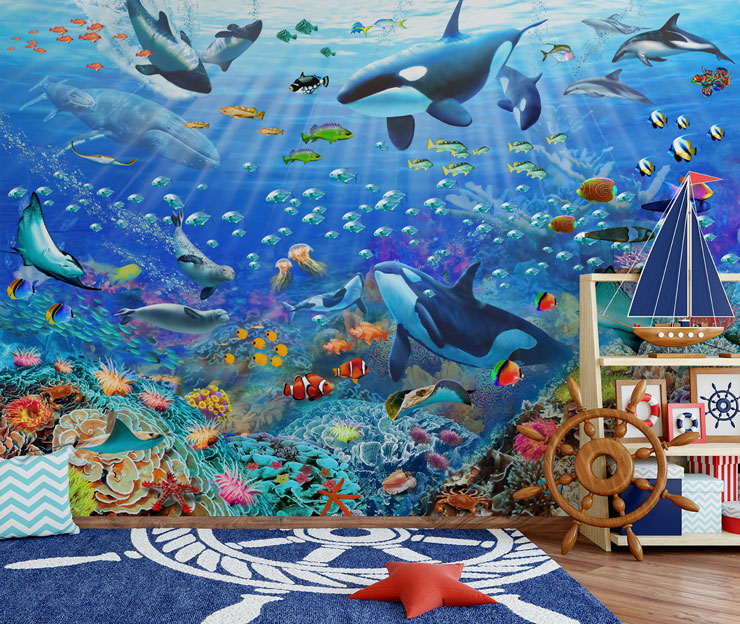 colorful sealife wallpaper in pirate themed room