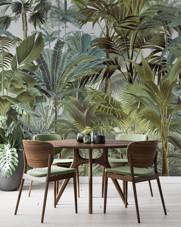 darl green illustrated vintage jungle wallpaper in dining room 