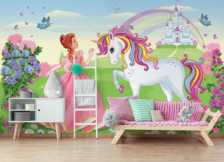 cartoon of beautiful princess and unicorn wallpaper in girls bedroom