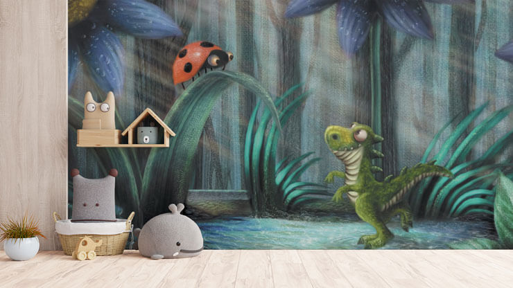 illustrated tiny dinosaur and ladybird wallpaper in grey and neutral child's room