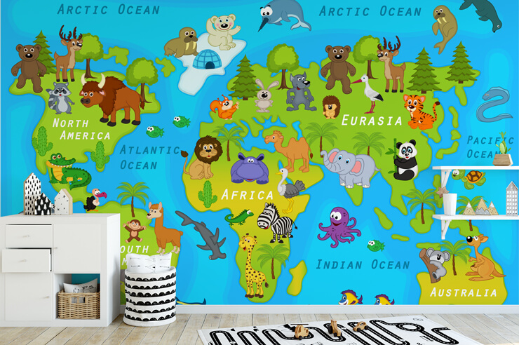 colourful childrens map wall mural in black and white child's bedroom