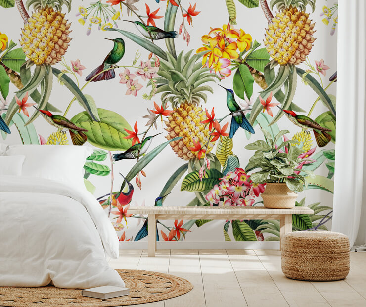 tropical pineapple wallpaper in minimal bedroom