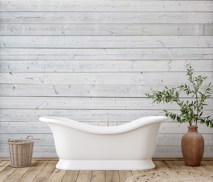 white wood panel wallpaper in rustic bathroom