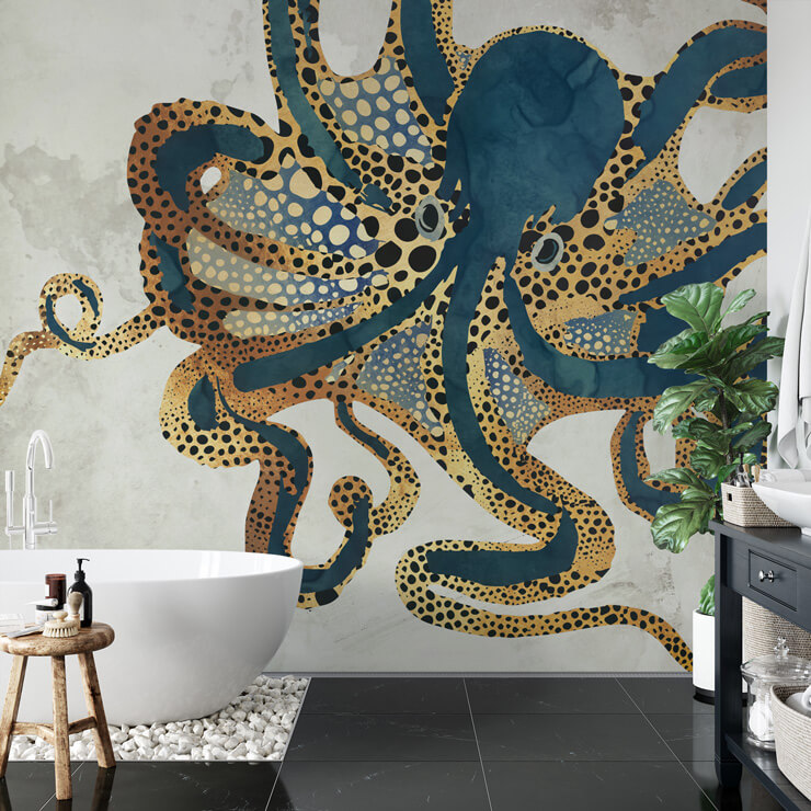 turquoise and gold colored octopus wallpaper in minimalist bathroom