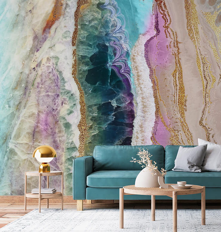 colorful marble effect wallpaper in stylish lounge with turquoise leather couch