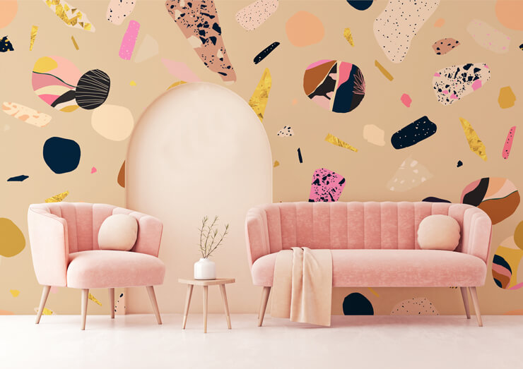 Pink marble effect wallpaper mural in a blush pink living room