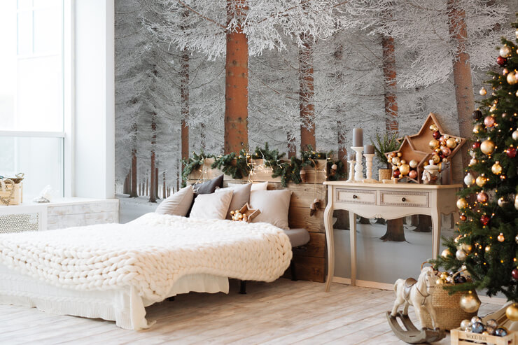 Bedroom showing Christmas wallpapers with a snowy forest and neutral accessories