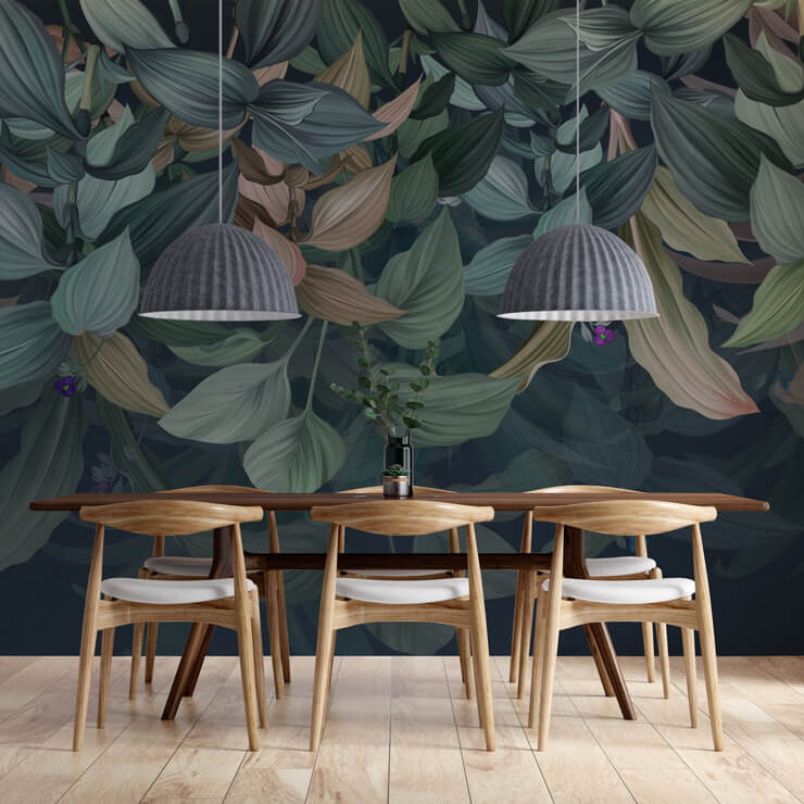 dark leafy wallpaper in dining room