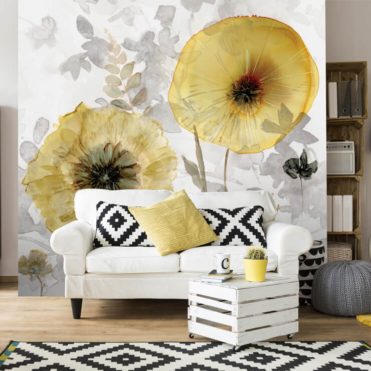 floral, yellow wallpaper with white furniture
