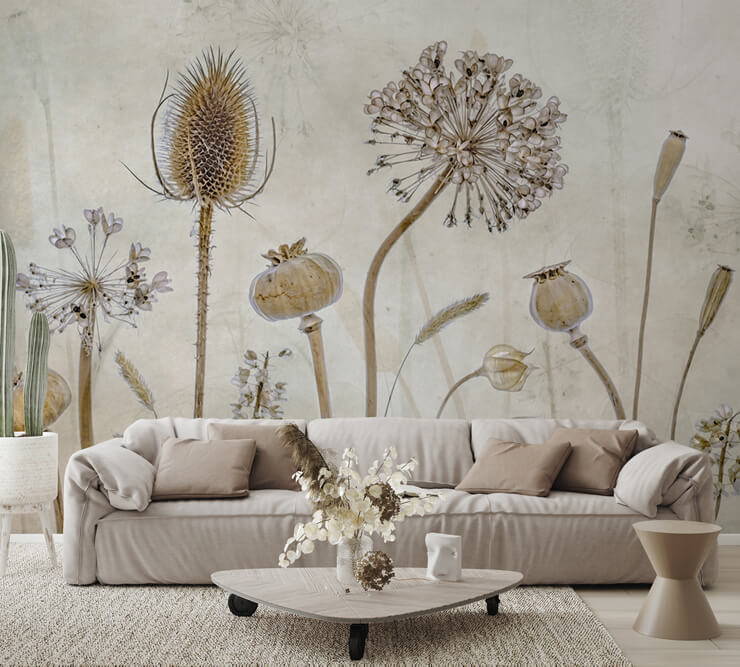 biege mural in earthy toned living room