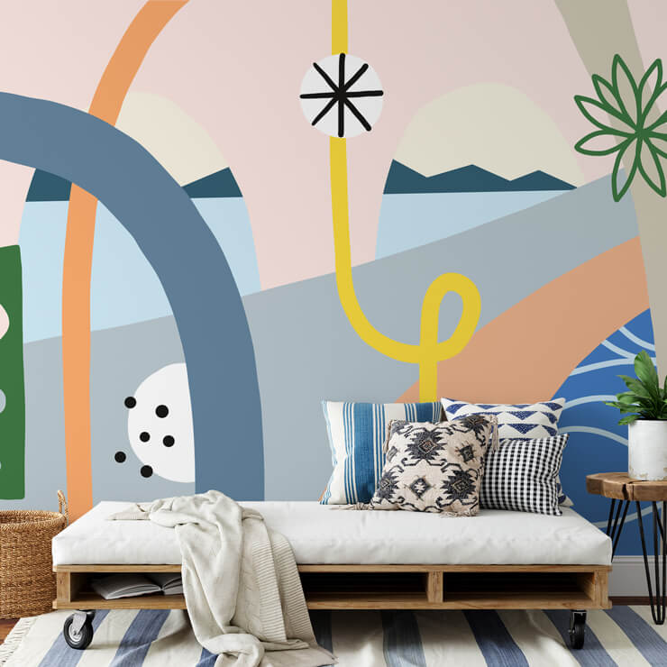 colourful abstract mural with pallet seat