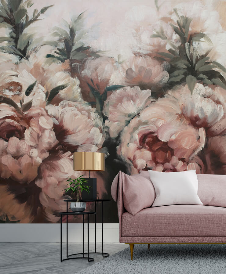 stylish living room with pink floral wallpaper mural