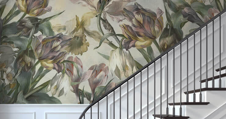 bold print floral wallpaper on staircase