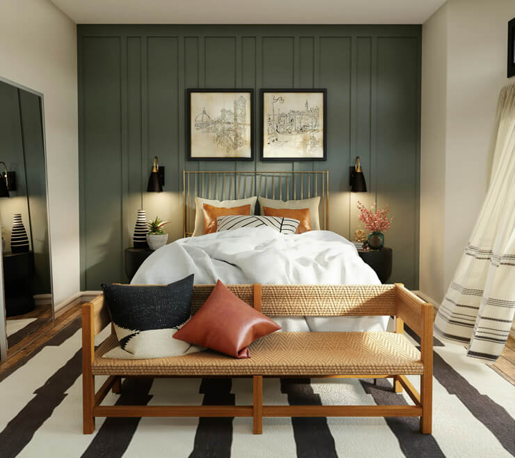 green bedroom with statement double bed