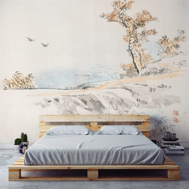 japandi wallpaper in pastel bedroom with palette bed